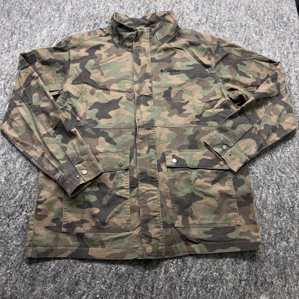 Columbia Mens Camo Field Jacket XXLFull Zip Snap Utility Cargo Pocket Green Camo